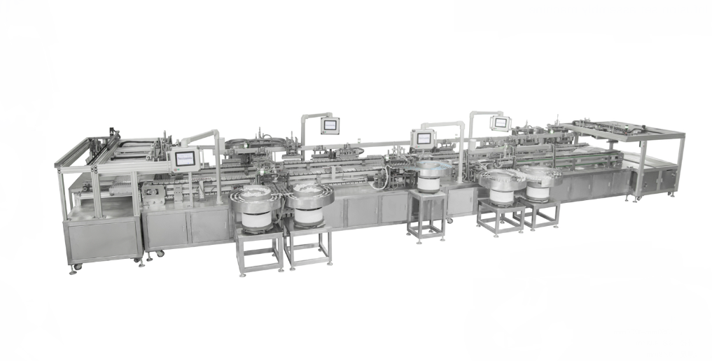IV set assembly line with vibratory part feeders